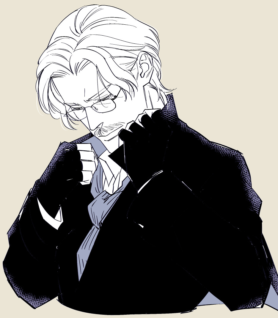 1boy adjusting_clothes atelier_(series) atelier_ayesha closed_mouth facial_hair glasses gloves half-closed_eyes hands_up jacket keithgriff_hazeldine kuroo_(k_r_oo) long_sleeves looking_down male_focus monochrome mustache old old_man short_hair simple_background solo upper_body