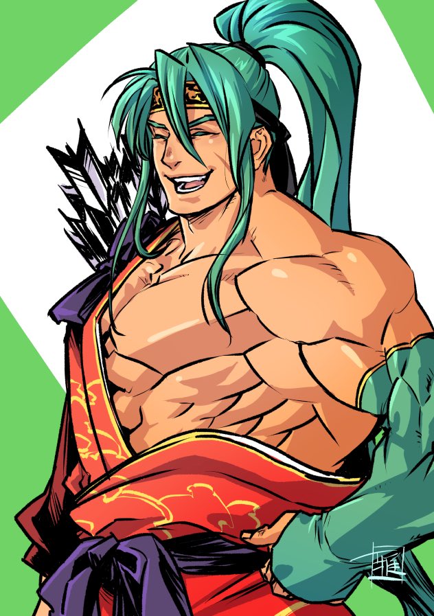 1boy abs arrow_(projectile) bare_pectorals elbow_gloves fate/grand_order fate_(series) fingerless_gloves gloves green_hair headband japanese_clothes kimono large_pectorals long_hair long_sleeves male_focus muscular open_clothes open_kimono open_mouth pectorals ponytail ryuuki_garyuu smile solo tawara_touta_(fate) twintails upper_body