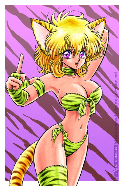 1990s_(style) 1998 1girl akira_m animal_ears animal_print arm_behind_head armband bikini blonde_hair breasts cat_ears cat_girl cat_tail choker cleavage collar collarbone dated fangs female_focus fingerless_gloves gloves green_bikini green_gloves green_thighhighs index_finger_raised january large_breasts looking_at_viewer navel open_mouth print_bikini print_gloves print_thighhighs purple_background purple_eyes retro_artstyle short_hair side-tie_bikini_bottom single_thighhigh smile solo swimsuit tail teeth thighhighs tiger_print