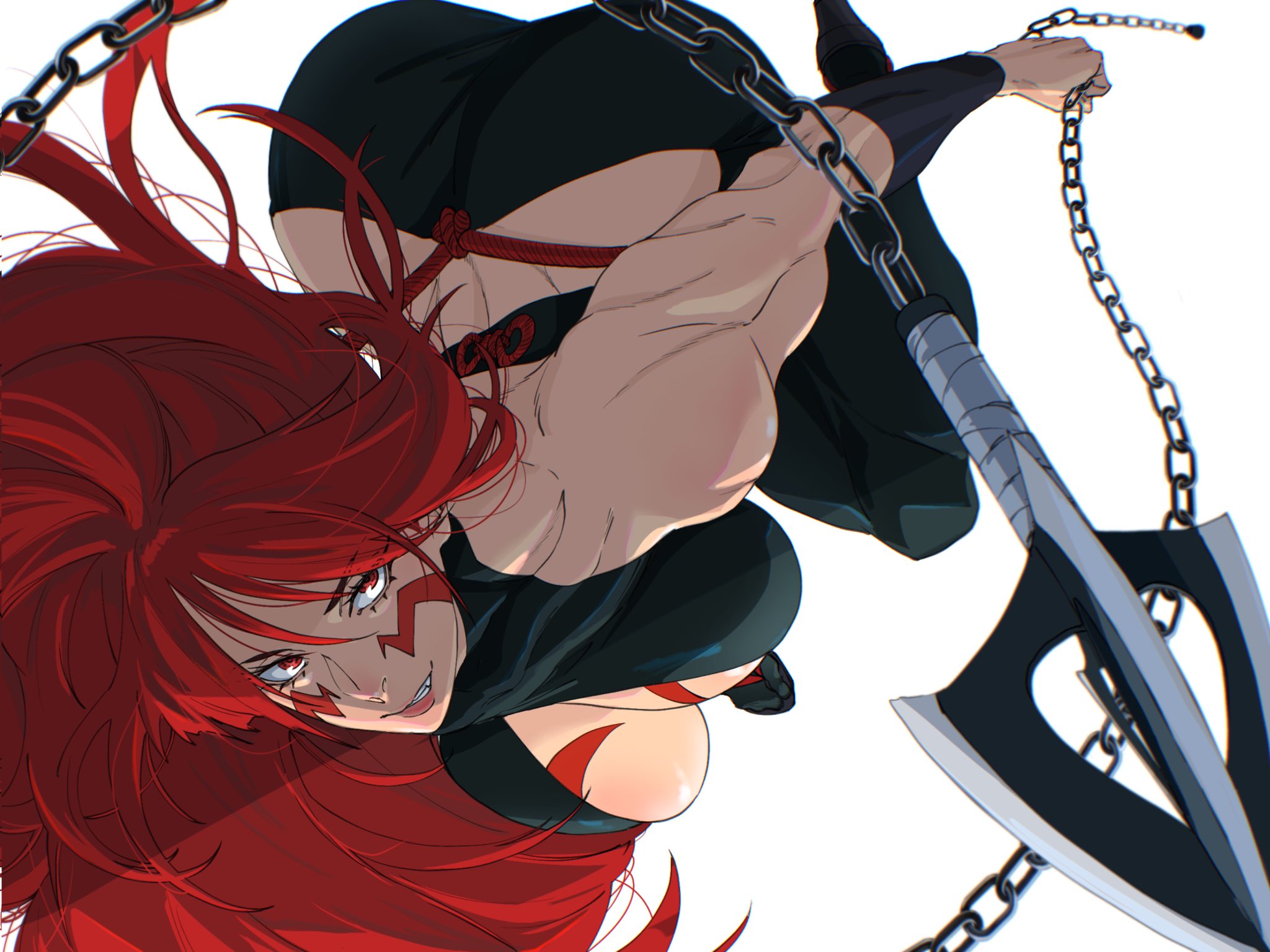 1girl ass bare_shoulders biceps black_pants body_markings breasts chain cleavage facial_hair fuuma_kotarou_(tenkaichi) hair_between_eyes highres holding holding_chain holding_weapon kusarigama large_breasts long_hair mattsun_(lyohei) muscular muscular_female pants parted_lips red_eyes red_hair revealing_clothes shaded_face sickle simple_background solo teeth tenkaichi_nihon_saikyou_bugeisha_ketteisen weapon white_background