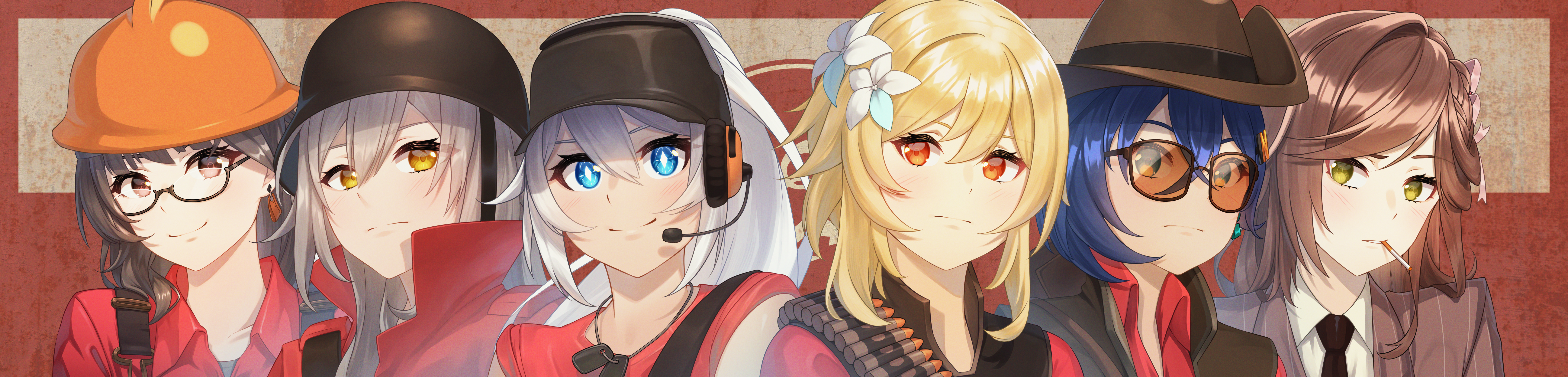 6+girls absurdres acrylicstroke belle_(zenless_zone_zero) blonde_hair blue_eyes blue_hair braid brown_eyes brown_hair brown_vest bullet bulletproof_vest cigarette closed_mouth collared_shirt commission commissioner_upload cosplay dog_tags earrings engineer engineer_(tf2) engineer_(tf2)_(cosplay) entropy_(honkai_impact_3rd) female_dreamseeker_(honkai_impact) flower formal_clothes genshin_impact glasses green_eyes grey_hair hair_flower hair_ornament hat headphones helmet highres honkai:_star_rail honkai_(series) honkai_impact_3rd jacket jewelry kiana_kaslana kiana_kaslana_(herrscher_of_flamescion) long_hair long_image looking_at_viewer lumine_(genshin_impact) medium_hair mihoyo multiple_girls necktie non-web_source orange_eyes ponytail red_engineer_(tf2) red_jacket red_necktie red_scout_(tf2) red_shirt red_sniper_(tf2) red_soldier_(tf2) red_spy_(tf2) rosa_(tears_of_themis) scout_(tf2) scout_(tf2)_(cosplay) semi-rimless_eyewear shirt short_hair short_sleeves single_earring smile smoking sniper_(tf2) sniper_(tf2)_(cosplay) soldier_(tf2) soldier_(tf2)_(cosplay) spy_(tf2) spy_(tf2)_(cosplay) stelle_(honkai:_star_rail) striped_clothes striped_jacket sunglasses team_fortress_2 tears_of_themis trailblazer_(honkai:_star_rail) upper_body vertical-striped_clothes vertical-striped_jacket very_long_hair vest white_flower white_hair white_shirt wide_image yellow_eyes zenless_zone_zero