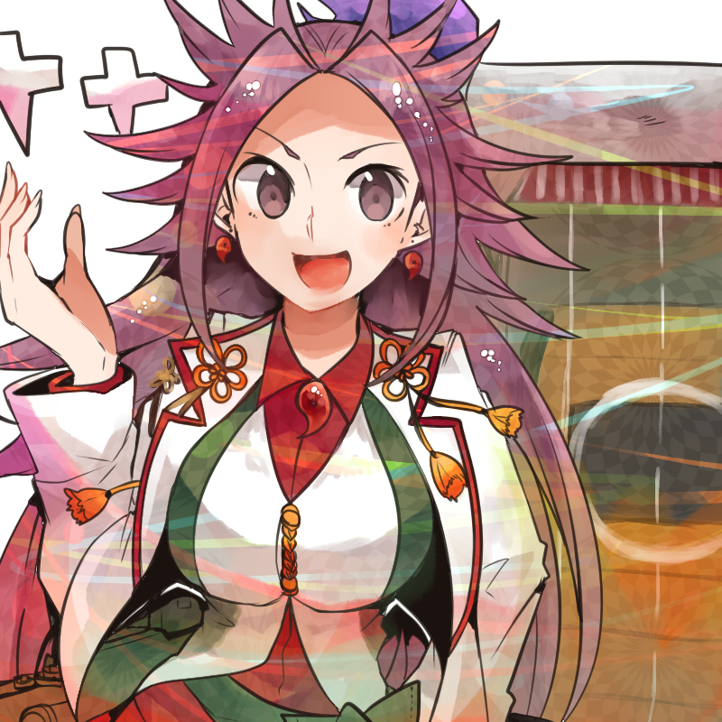 1girl blouse earrings flight_deck hakama hakama_pants hakama_skirt itomugi-kun japanese_clothes jewelry jun&#039;you_(kancolle) kantai_collection long_hair magatama onmyouji open_mouth pants purple_eyes purple_hair scroll shikigami shirt skirt smile spiked_hair vest