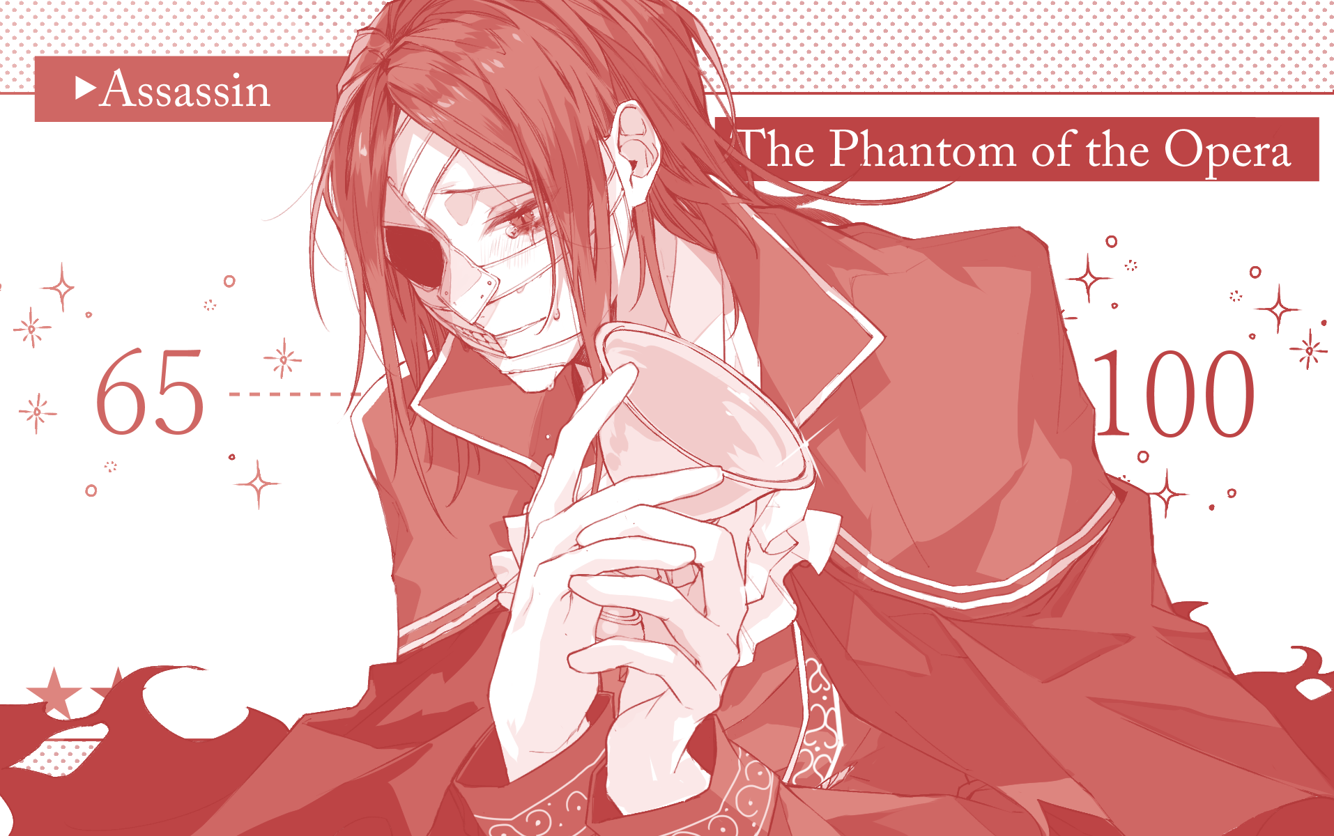 1boy ascot bandages cape character_name crying crying_with_eyes_open fate/grand_order fate_(series) gloves half_mask highres holding holy_grail_(fate) looking_away male_focus mask mizuki_(mz) monochrome phantom_of_the_opera_(fate) popped_collar red_theme smile solo star_(symbol) tears upper_body
