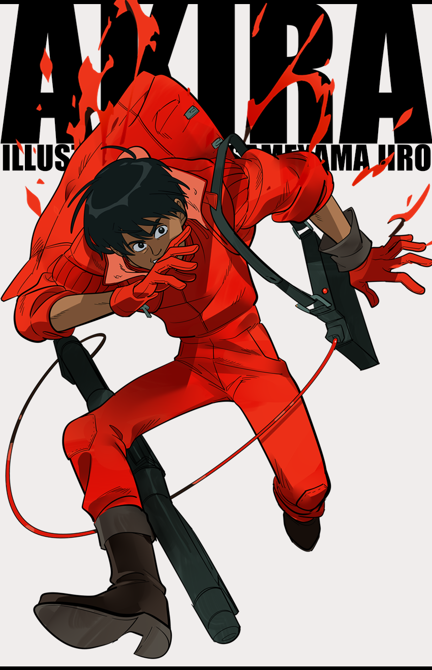 1boy akira_(manga) artist_name black_bag black_boots black_eyes black_hair blood boots copyright_name gloves gun highres jacket kaneda_shoutarou_(akira) long_sleeves looking_at_viewer male_focus red_gloves red_jacket sameyama_jiro simple_background solo weapon white_background