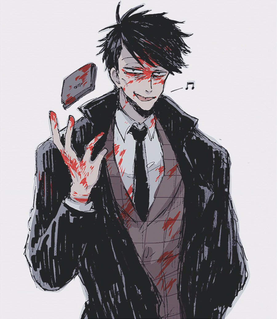 black_hair blood blood_on_clothes blood_on_face coat formal_clothes holding holding_wallet jacket male_focus moge_(moge_morgen) musical_note necktie osomatsu-kun osomatsu_(series) plaid_clothes plaid_jacket smile tongue tongue_out tougou_(osomatsu-kun) trench_coat wallet