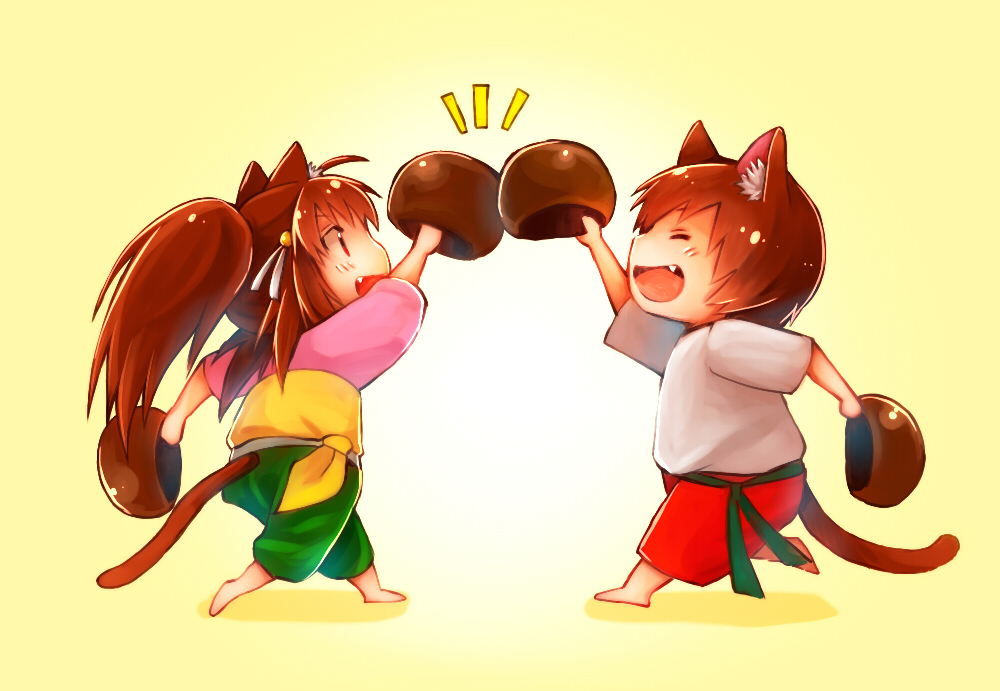 2018 :d ahoge alternate_costume animal_ears arm_up brown_hair cat_boy cat_ears cat_girl cat_tail chestnut chibi chibi_only commentary_request dated_commentary dual_wielding fang food from_side full_body hair_between_eyes happy holding holding_food kemonomimi_mode little_busters! long_hair natsume_kyousuke natsume_rin open_mouth pink_skirt ponytail profile rakka shirt short_hair short_sleeves skirt smile standing tail white_shirt