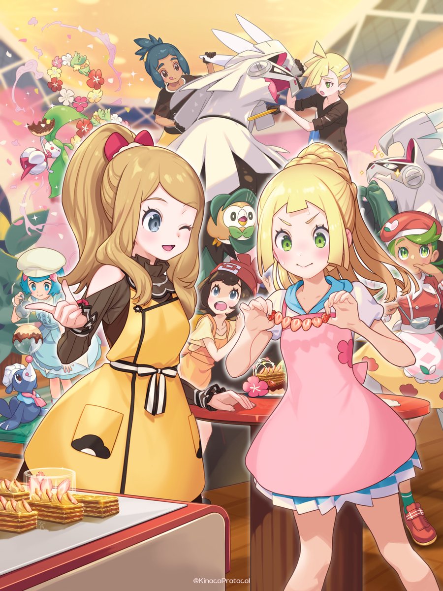 2boys 5girls apron black_eyes blonde_hair blue_eyes candy flower food fruit gen_7_pokemon gladion_(pokemon) green_eyes green_hair hau_(pokemon) highres kinocopro lana_(pokemon) legendary_pokemon lillie_(pokemon) mallow_(palentine&#039;s_2023)_(pokemon) mallow_(pokemon) multiple_boys multiple_girls nintendo official_alternate_costume one_eye_closed pink_apron pokemon pokemon_(creature) pokemon_masters_ex pokemon_sm ponytail popplio rowlet selene_(pokemon) serena_(palentine&#039;s_2021)_(pokemon) serena_(pokemon) silvally strawberry table
