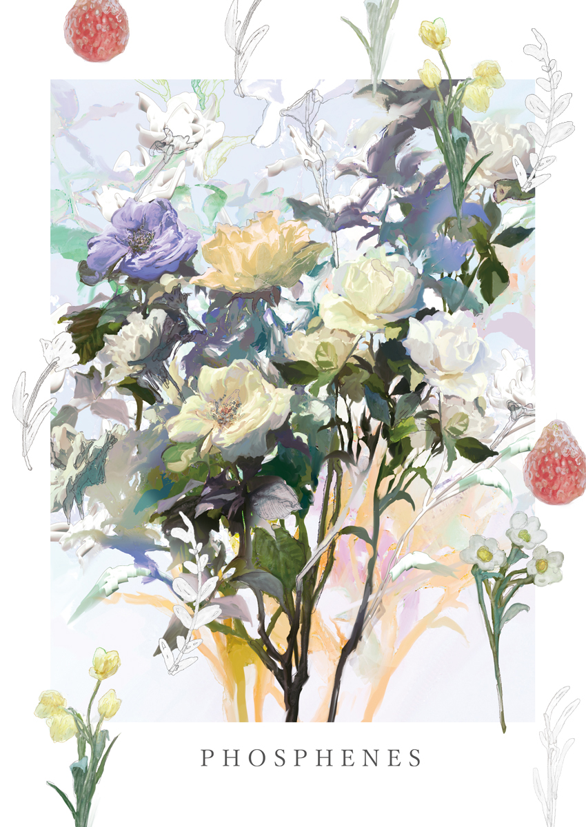 blue_flower border bouquet commentary commentary_request english_text flower flower_focus flower_request food fruit highres leaf no_humans original outside_border painterly sara_(srsrmrmr) strawberry white_flower yellow_flower