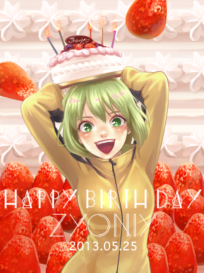 10s 1girl :d bad_id bad_pixiv_id blonde_hair bruce_lee&#039;s_jumpsuit cake dated female_focus food fruit green_eyes green_hair happy_birthday huang_pao-lin looking_at_viewer matching_hair/eyes object_on_head open_mouth short_hair smile solo strawberry tiger_&amp;_bunny yamadamaru