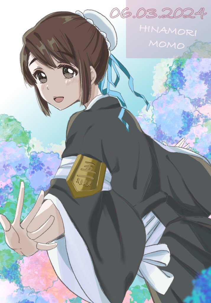 birthday black_kimono bleach blue_ribbon brown_eyes brown_hair bun_cover ching1217_fei hair_bun hinamori_momo japanese_clothes kimono looking_at_viewer outstretched_arms ribbon short_hair sidelocks