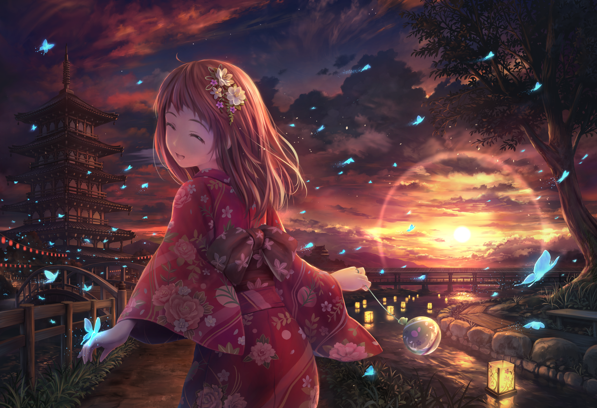 1girl architecture bench bridge brown_hair bug butterfly closed_eyes cloud cloudy_sky east_asian_architecture facing_viewer female_focus fence flower hair_flower hair_ornament highres insect lantern lantern_on_liquid medium_hair open_mouth original outdoors pagoda paper_lantern scenery sky smile solo soraizumi sunset tree wooden_bridge