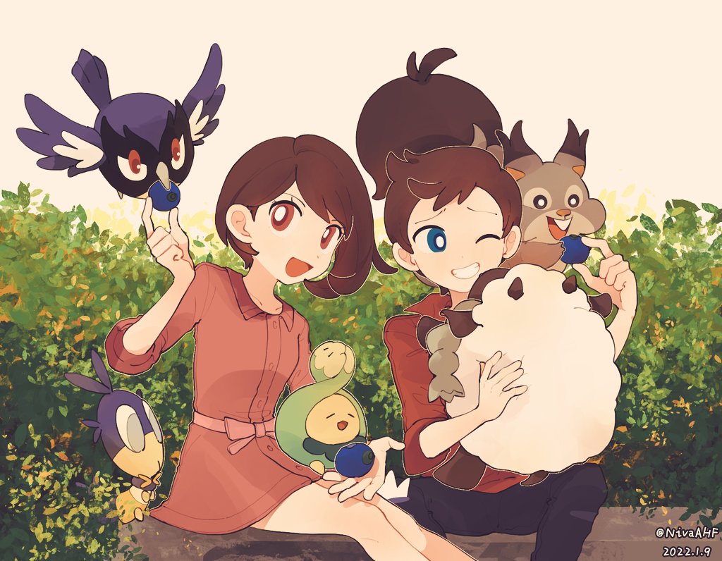 1boy 1girl :d alternate_eye_color bad_id bad_twitter_id berry_(pokemon) blipbug blue_eyes bright_pupils brown_eyes brown_hair budew commentary_request dated eyelashes feeding gen_4_pokemon gen_8_pokemon gloria_(pokemon) holding jiugong_chi looking_at_viewer nintendo open_mouth oran_berry pants pokemon pokemon_(creature) pokemon_swsh red_shirt rookidee shirt short_hair sitting skwovet smile tongue twitter_username victor_(pokemon) white_pupils wooloo
