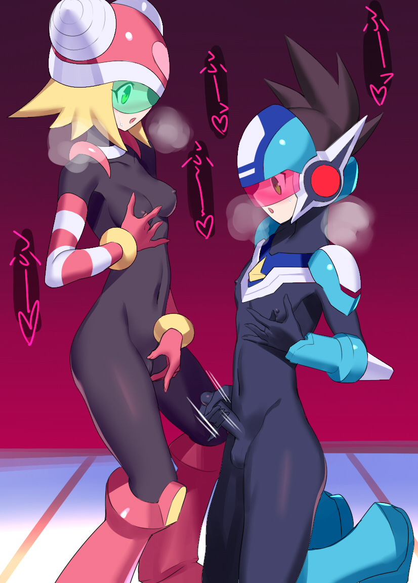 1boy 1girl blonde_hair breasts female_masturbation geo_stelar_(mega_man) green-tinted_eyewear harp_note_(mega_man) helmet male_masturbation masturbation mega_man_(series) mega_man_star_force_(series) mutual_masturbation nipple_stimulation small_breasts sonia_strumm_(mega_man) tagme tinted_eyewear ukimukai visor_cap