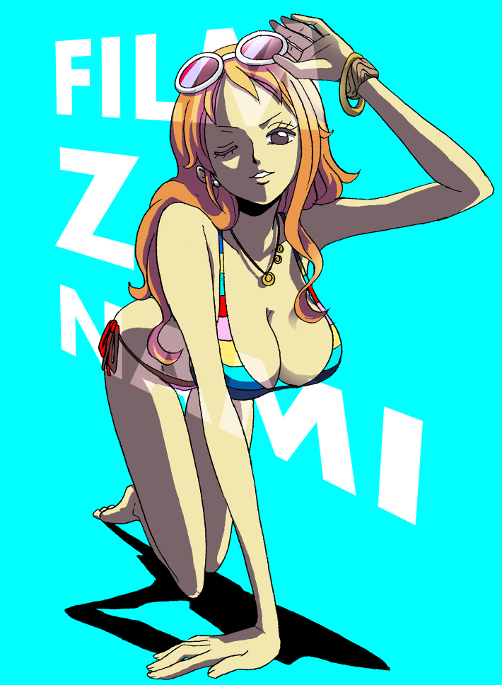 1girl arm_support bangle bare_legs bare_shoulders barefoot bikini blue_background bracelet breasts brown_eyes character_name cleavage commentary_request earrings eyewear_on_head full_body hand_up hanging_breasts jewelry kneeling kyakya large_breasts long_hair looking_at_viewer multicolored_bikini nami_(one_piece) necklace official_alternate_costume one_eye_closed one_piece one_piece_film:_z orange_hair parted_lips pearl_earrings side-tie_bikini_bottom single_sidelock solo sunglasses swimsuit wavy_hair white-framed_eyewear