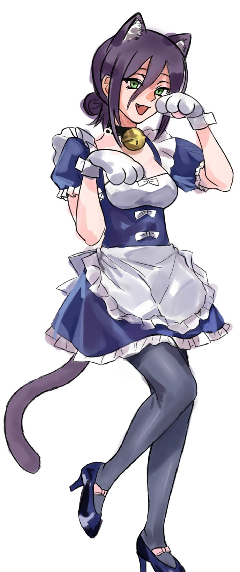 1girl animal_ears animal_hands apron bell black_choker blue_dress bow breasts cat_ears cat_girl cat_tail chainsaw_man choker commentary dress english_commentary fang gloves grey_pantyhose hair_between_eyes high_heels highres maid_apron neck_bell open_mouth pantyhose paw_gloves purple_hair reze_(chainsaw_man) simple_background solo standing standing_on_one_leg tail thebabalgam waist_apron white_apron white_background white_bow