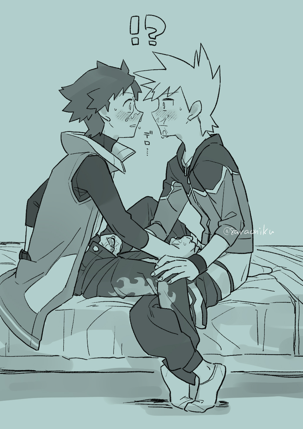 !? 2boys 8araoniku bed blue_oak blue_oak_(sygna_suit) blush clothes_pull cum cum_on_body facial handjob highres jewelry looking_at_another male_focus male_underwear monochrome multiple_boys necklace nintendo open_zipper pants pants_pull pokemon pokemon_masters_ex red_(pokemon) red_(sygna_suit)_(pokemon) sleeveless sleeveless_jacket socks turtleneck underwear wristband yaoi