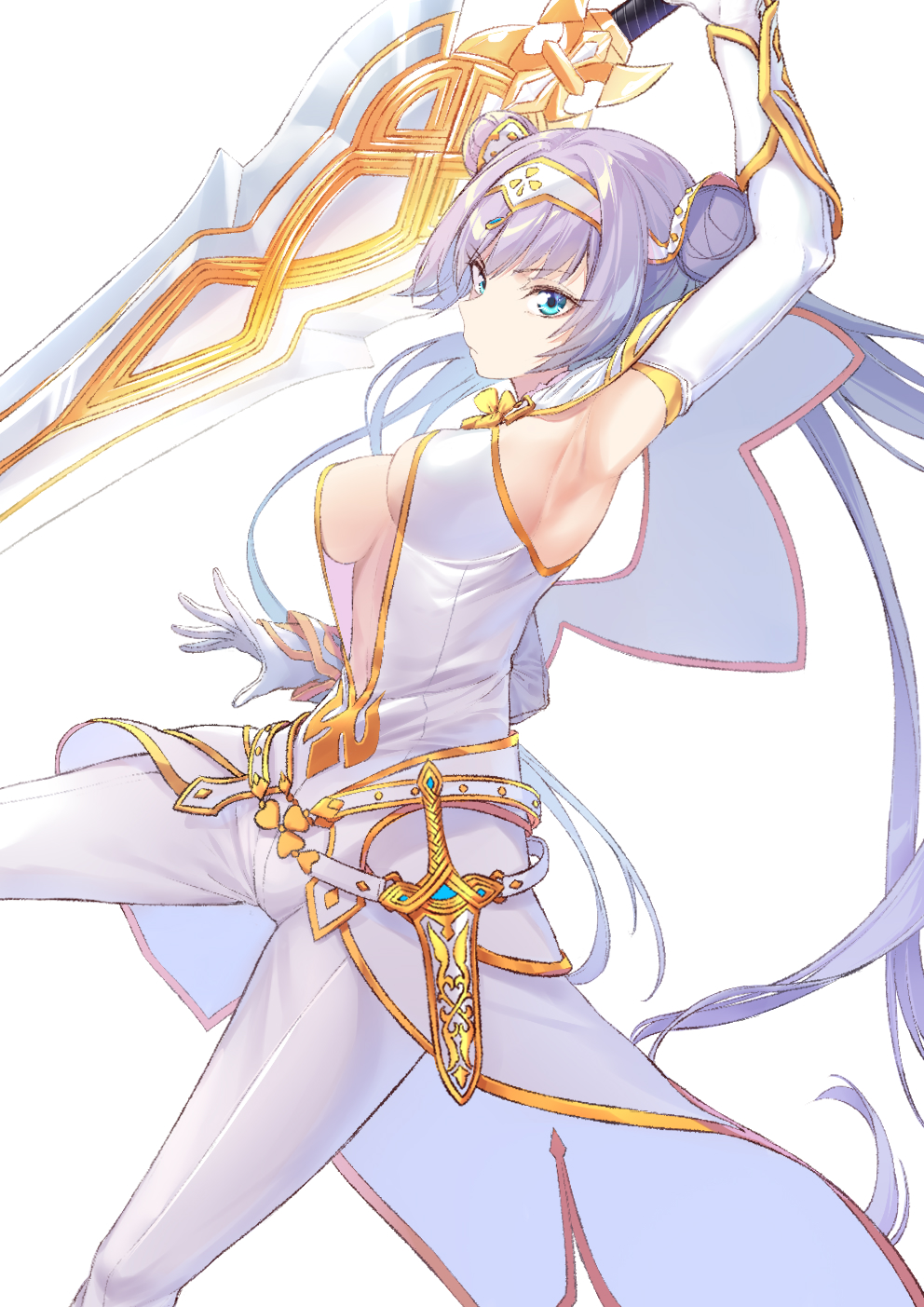 1girl arm_guards arm_up armpits bare_shoulders belt blue_eyes blush breasts britomart_(fate) britomart_(second_ascension)_(fate) capelet center_opening cleavage coffeekite dagger double_bun dress elbow_gloves fate/grand_order fate_(series) gloves gold_trim greatsword grey_hair hair_bun hairband highres knife large_breasts long_hair looking_at_viewer navel pants pointy_ears solo sword taut_clothes taut_dress thighs tight_clothes tight_pants twintails very_long_hair weapon white_capelet white_dress white_gloves white_pants