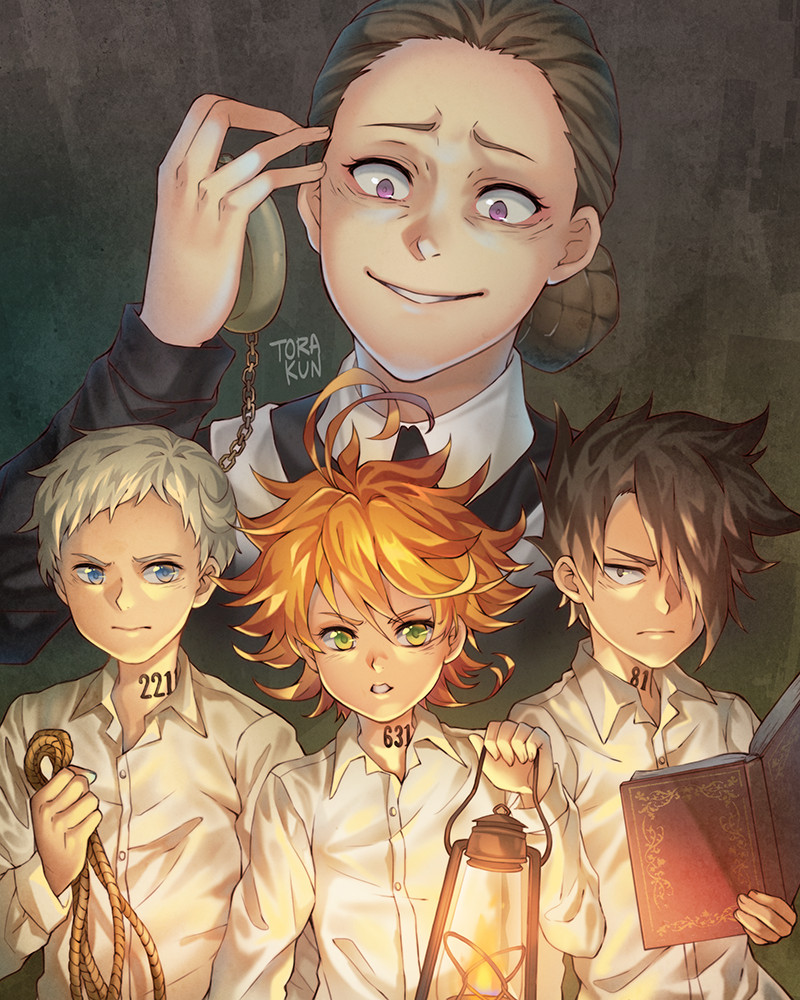 1girl 3boys apron artist_name black_dress black_hair blue_eyes book brown_hair clenched_teeth closed_mouth collared_shirt commentary dark_background dress emma_(yakusoku_no_neverland) english_commentary evil_grin evil_smile furrowed_brow green_eyes grin hair_bun hair_over_one_eye holding holding_book holding_lantern holding_pocket_watch holding_rope isabella_(yakusoku_no_neverland) lantern looking_at_another looking_at_viewer maid medium_hair multiple_boys neck_tattoo norman_(yakusoku_no_neverland) number_tattoo open_book orange_hair parted_lips pocket_watch purple_eyes ray_(yakusoku_no_neverland) rope shirt short_hair simple_background single_hair_bun smile tattoo teeth torakun14 upper_body watch white_apron white_hair white_shirt yakusoku_no_neverland