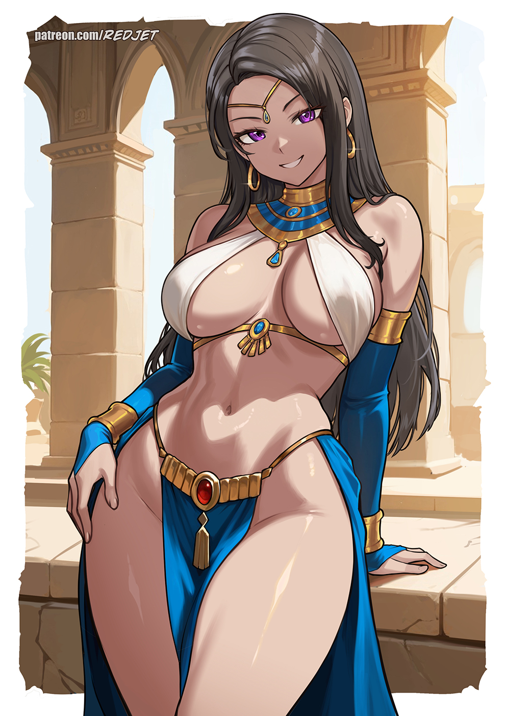 1girl arm_support bracelet breasts bridal_gauntlets brown_hair circlet earrings elbow_gloves female_focus gloves gold_bracelet grin highres hoop_earrings jewelry large_breasts long_hair looking_at_viewer narrow_waist navel original outdoors patreon_username pelvic_curtain purple_eyes redjet revealing_clothes smile solo teeth usekh_collar watermark web_address wide_hips