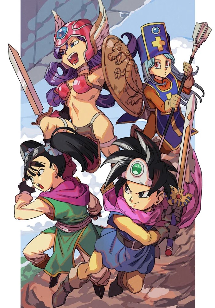 1boy 3girls :o armor artist_request belt bikini black_eyes black_hair blue_hair boots breasts cape dirt dragon_quest dy fingerless_gloves floating gloves hat head_wings helmet large_breasts long_hair martial_artist_(dq3) multiple_girls open_mouth orange_hair priest_(dq3) priestess purple_hair rock roto_(dq3) shield smile spiked_hair staff swimsuit sword twintails warrior_(dq3) weapon wings