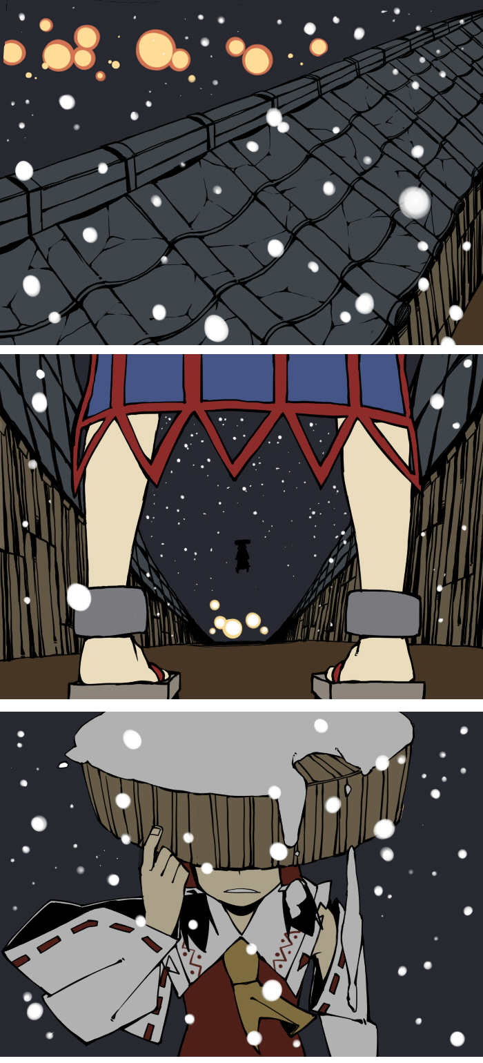 2girls bad_id bad_pixiv_id comic female_focus hakurei_reimu highres hoshiguma_yuugi multiple_girls perfect_cherry_blossom silent_comic snow touhou yaza