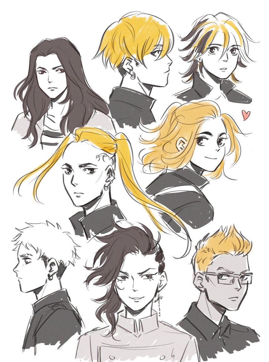 6+boys andythelemon baji_keisuke blonde_hair cross earrings eyebrows eyelashes hanemiya_kazutora jewelry kisaki_tetta kokonoi_hajime long_hair matsuno_chifuyu mitsuya_takashi mole mole_under_eye multiple_boys piercing ponytail ryuuguuji_ken sano_manjirou short_hair sketch skull_tattoo spiked_hair tattoo tokyo_revengers undercut white_background