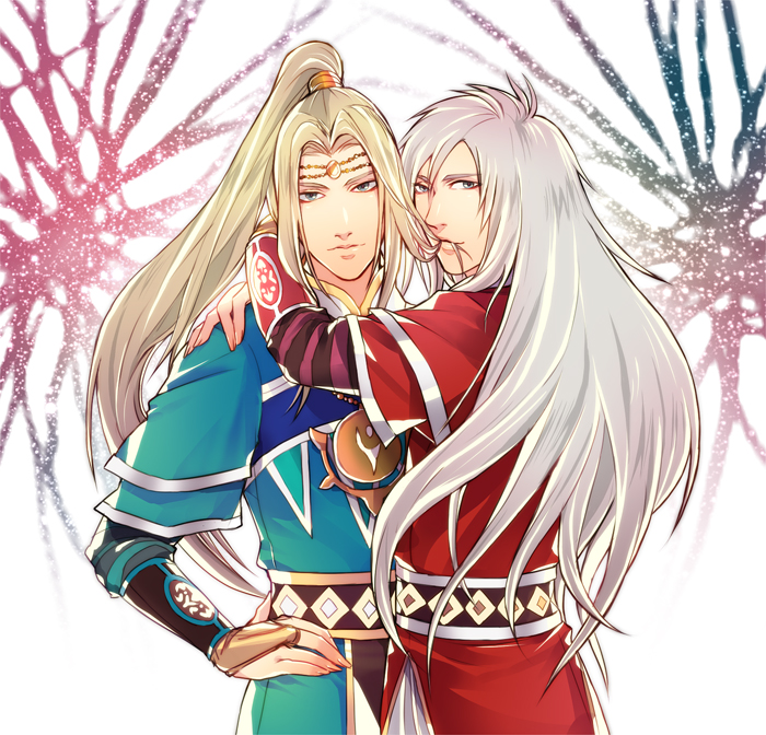 2boys albino androgynous arm_guards bad_id bad_pixiv_id beads blonde_hair blue_(saga_frontier) blue_eyes bracelet dagger forehead_jewel fur_trim gem hair_in_own_mouth hair_ornament hand_on_own_hip jewelry knife layered_sleeves light_smile long_hair long_sleeves looking_at_viewer male_focus multiple_boys necklace ponytail red_eyes ribbon rouge_(saga_frontier) saga saga_frontier scarf sheath sheathed short_over_long_sleeves short_sleeves siblings skirt souichi tokinohiyoko tunic twins very_long_hair weapon white_hair