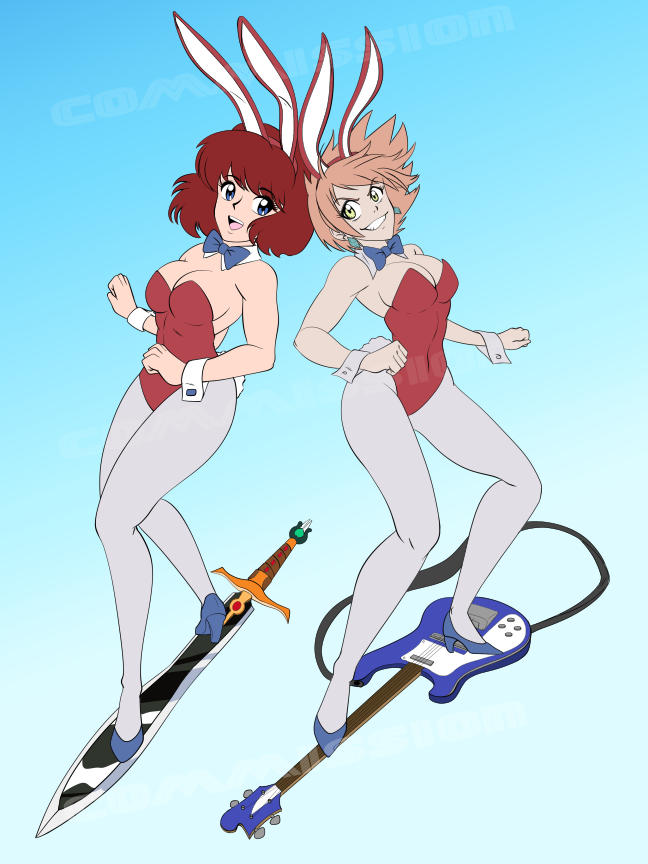 2girls :d animal_ears bass_guitar blue_background blue_bow blue_bowtie blue_eyes bow bowtie breasts cosplay daicon_bunny_girl daicon_bunny_girl_(cosplay) daicon_iv detached_collar earrings flcl full_body gradient_background grin haruhara_haruko instrument jewelry large_breasts leotard looking_at_viewer multiple_girls open_mouth orange_hair playboy_bunny rabbit_ears red_hair red_leotard rickenbacker_4001 short_hair smile standing_on_sword standing_on_weapon strapless strapless_leotard surfing sword sword_surfing tedbob84 weapon white_background