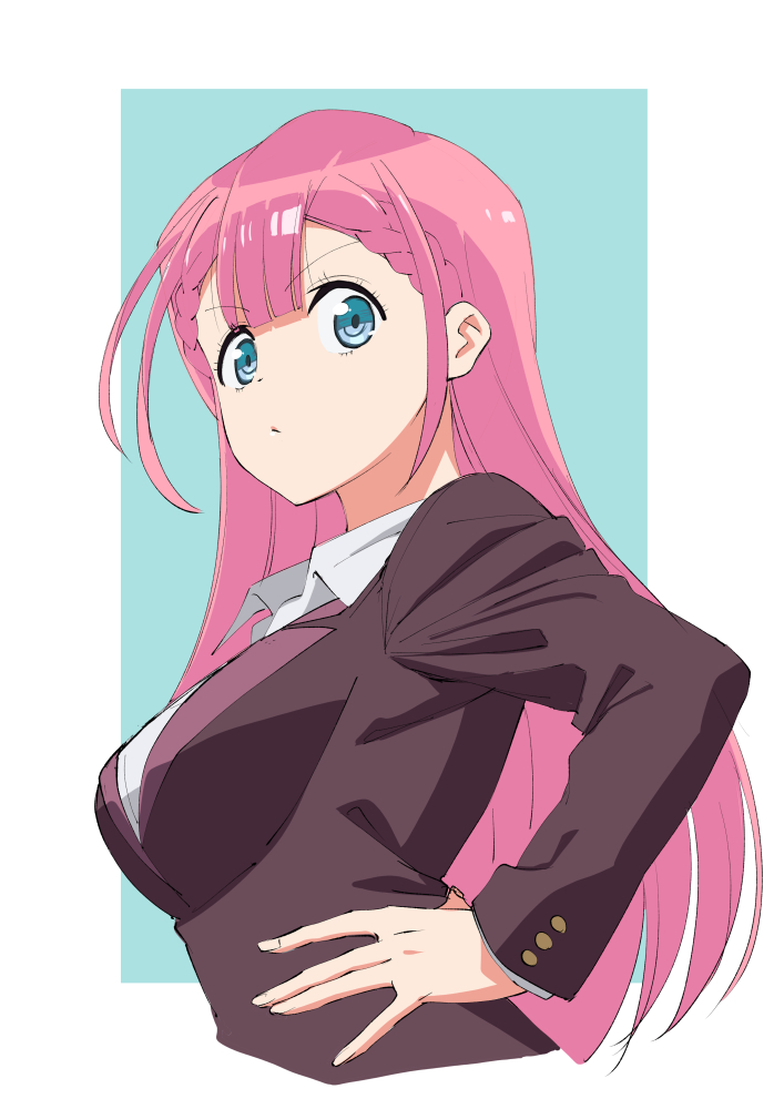 1girl :&lt; aqua_background black_jacket bokutachi_wa_benkyou_ga_dekinai braid breasts collared_shirt formal_clothes from_side hand_on_own_hip ishii_hisao jacket kirisu_mafuyu long_hair looking_at_viewer looking_to_the_side pink_hair shirt sidelocks solo suit