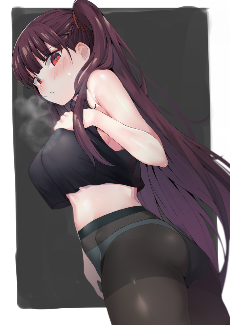 1girl ass black_pantyhose blush braid breasts breath crop_top female_focus french_braid girls&#039;_frontline hair_ribbon half_updo hand_on_own_chest k_pring large_breasts long_hair looking_at_viewer one_side_up open_mouth panties panties_under_pantyhose pantyhose purple_hair red_eyes ribbon solo tsurime underwear very_long_hair wa2000_(girls&#039;_frontline) white_panties