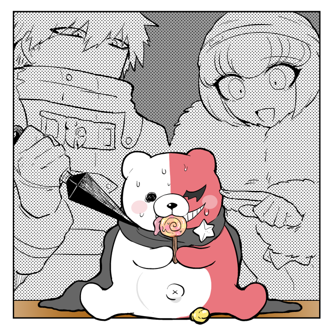 1boy 1girl :d ando_ruruka black_scarf candy danganronpa_(series) danganronpa_3_(anime) danganronpa_v3:_killing_harmony food fur-trimmed_jacket fur_collar fur_trim grin holding holding_candy holding_food holding_lollipop holding_weapon izayoi_sounosuke jacket kunai lollipop looking_at_another monotaro_(danganronpa) open_mouth pointing pointing_at_another scared scarf shimada_(dmisx) short_hair smile star_ornament stuffed_animal stuffed_toy sweat teddy_bear teeth weapon