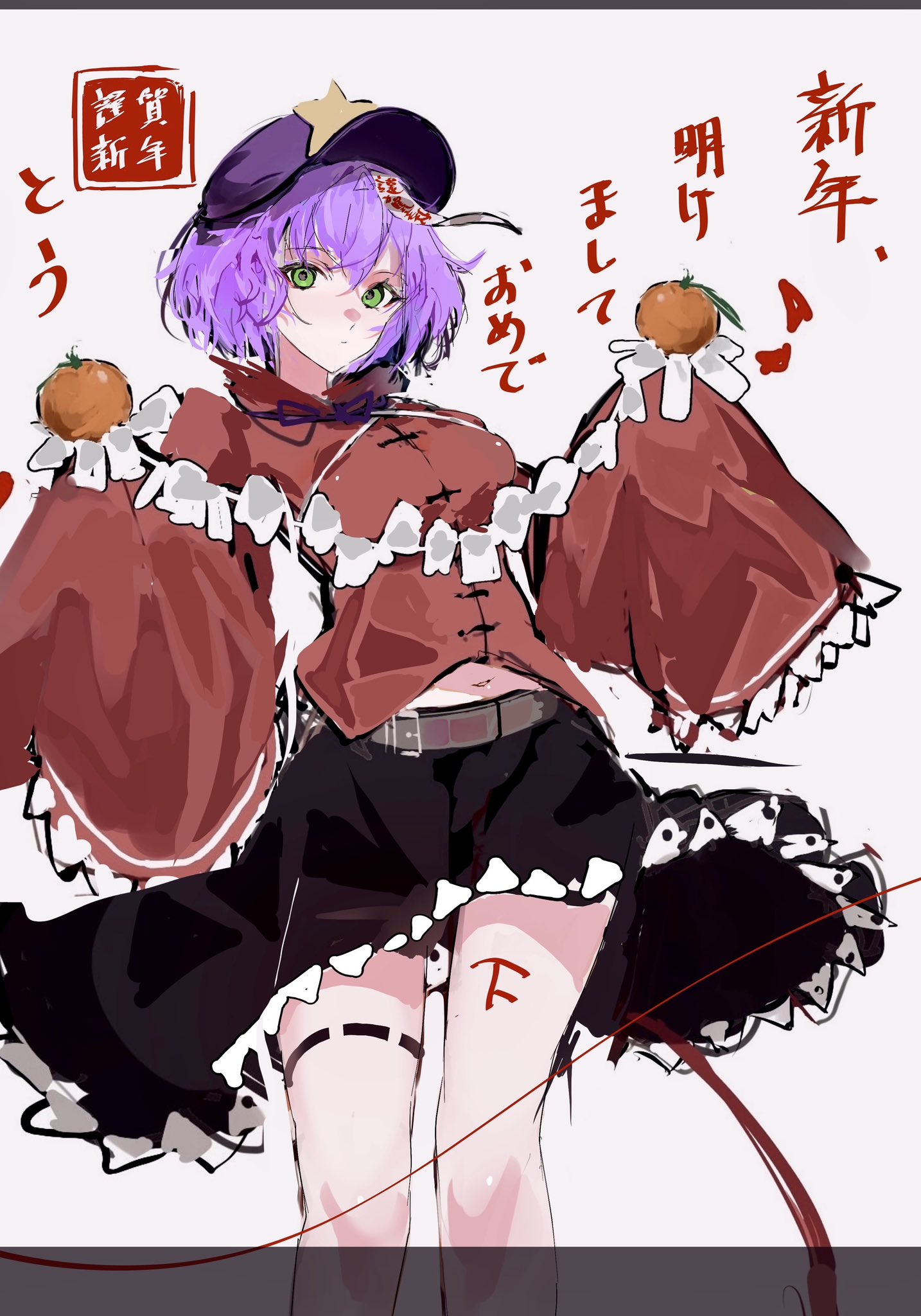 1girl belt black_skirt food frills fruit green_eyes hair_between_eyes hat highres jiangshi long_sleeves looking_at_viewer mandarin_orange miyako_yoshika new_year ofuda ofuda_on_head po_(anhk5528) purple_hair red_shirt shirt skirt solo touhou white_background
