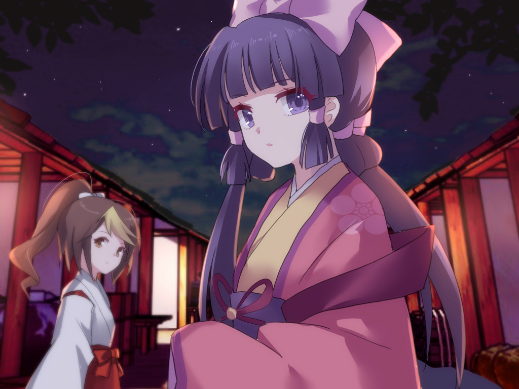 2girls akinomiya_asuka blonde_hair blunt_bangs bow brown_eyes brown_hair closed_mouth detached_sleeves hair_bow hair_ribbon hakama hakama_skirt haori japanese_clothes kimono long_sleeves magatsuji_hatsuna multicolored_hair multiple_girls mystical_power_plant night obi original outdoors parted_lips pink_ribbon ponytail purple_eyes purple_hair red_hakama ribbon riverbed_soul_saver sash skirt touhou two-tone_hair white_bow white_kimono white_sleeves yaezaki_an yellow_kimono