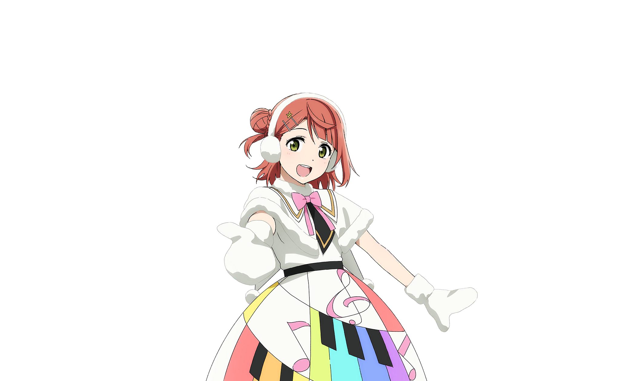 1girl blunt_bangs blush braid braided_bun bun_with_braided_base capelet colorful_dreams!_colorful_smiles!_(love_live!) cowboy_shot dress earmuffs fur-trimmed_capelet fur-trimmed_gloves fur_trim gloves hair_bun hair_ornament hairclip half_updo highres looking_at_viewer love_live! love_live!_nijigasaki_high_school_idol_club love_live!_school_idol_festival_2 medium_hair mittens musical_note musical_note_print neck_ribbon official_art open_mouth outstretched_hand piano_print pink_hair pink_ribbon rainbow_print rainbow_skirt ribbon single_side_bun smile solo swept_bangs teeth transparent_background uehara_ayumu upper_teeth_only white_capelet white_dress white_mittens yellow_eyes