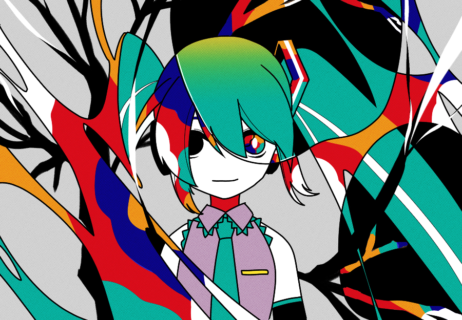 1girl abstract aqua_hair aqua_necktie bare_shoulders black_eyes black_sleeves bright_pupils closed_mouth collared_shirt colored_skin colorful commentary detached_sleeves grey_background grey_shirt hair_between_eyes hatsune_miku heterochromia light_smile long_hair looking_at_viewer machigami_yoh multicolored_eyes necktie pop_art shirt sleeveless sleeveless_shirt solo standing straight-on twintails upper_body very_long_hair vocaloid white_pupils white_skin