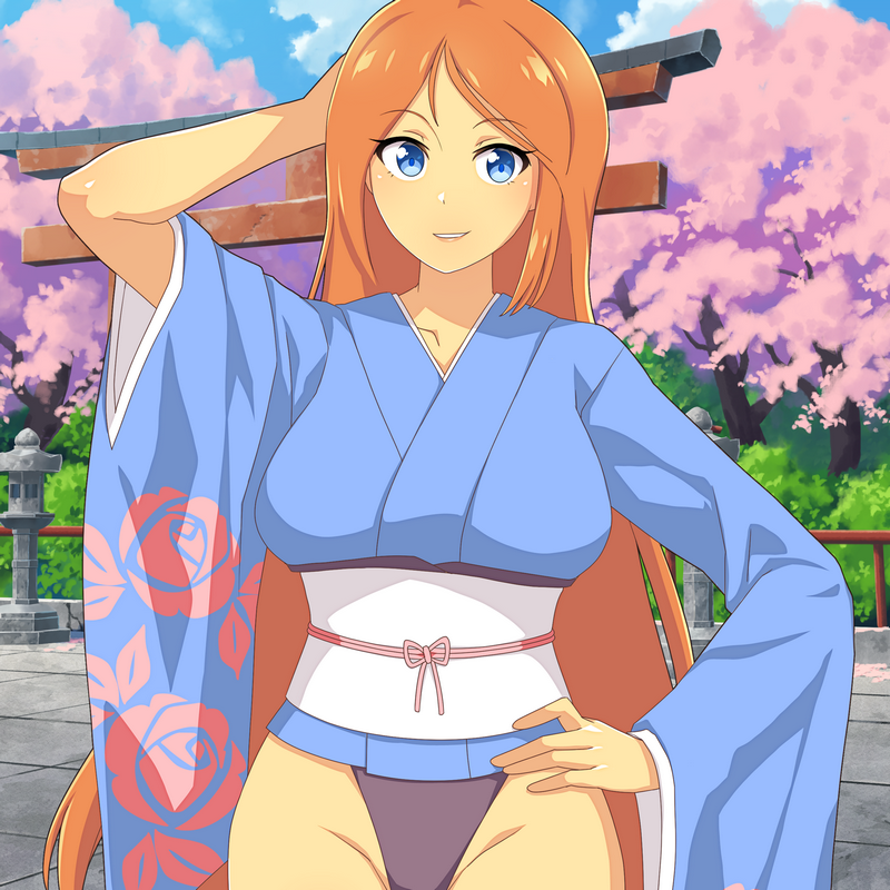1girl arm_behind_head blue_eyes blue_kimono blue_sky challengia cloud cloudy_sky collarbone dark-skinned_female dark_skin day japanese_clothes kimono long_hair looking_at_viewer nchans nchans_style obi official_art opachan orange_hair orcaleon pink_sash sash sky torii white_obi