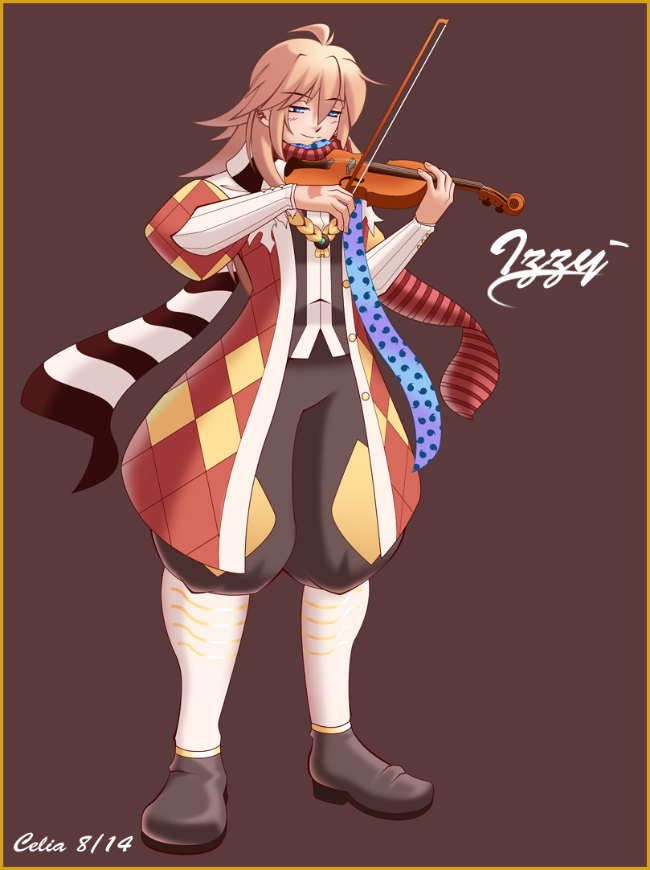 1boy ahoge argyle_clothes argyle_coat black_pants black_scarf black_shoes black_vest blonde_hair blue_eyes blue_scarf bow_(music) brown_background character_name closed_mouth coat dated hair_between_eyes holding holding_bow_(music) holding_instrument holding_violin instrument juliet_sleeves kiyokohasami long_hair long_sleeves male_focus minstrel_(ragnarok_online) music pants playing_instrument polka_dot polka_dot_scarf puffy_sleeves ragnarok_online red_coat red_scarf scarf shoes smile solo striped_clothes striped_scarf vest violin white_scarf