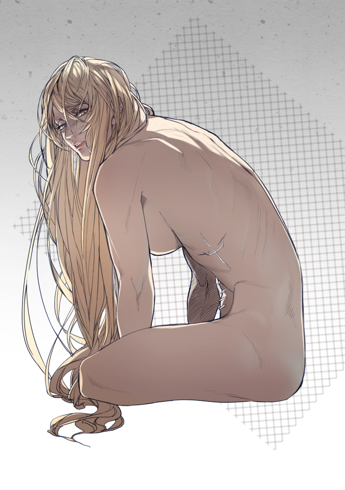 1girl blonde_hair breasts claymore_(series) female_focus galatea hebi_utage large_breasts leaning_forward long_hair looking_at_viewer nude scratches sitting sketch solo stitches