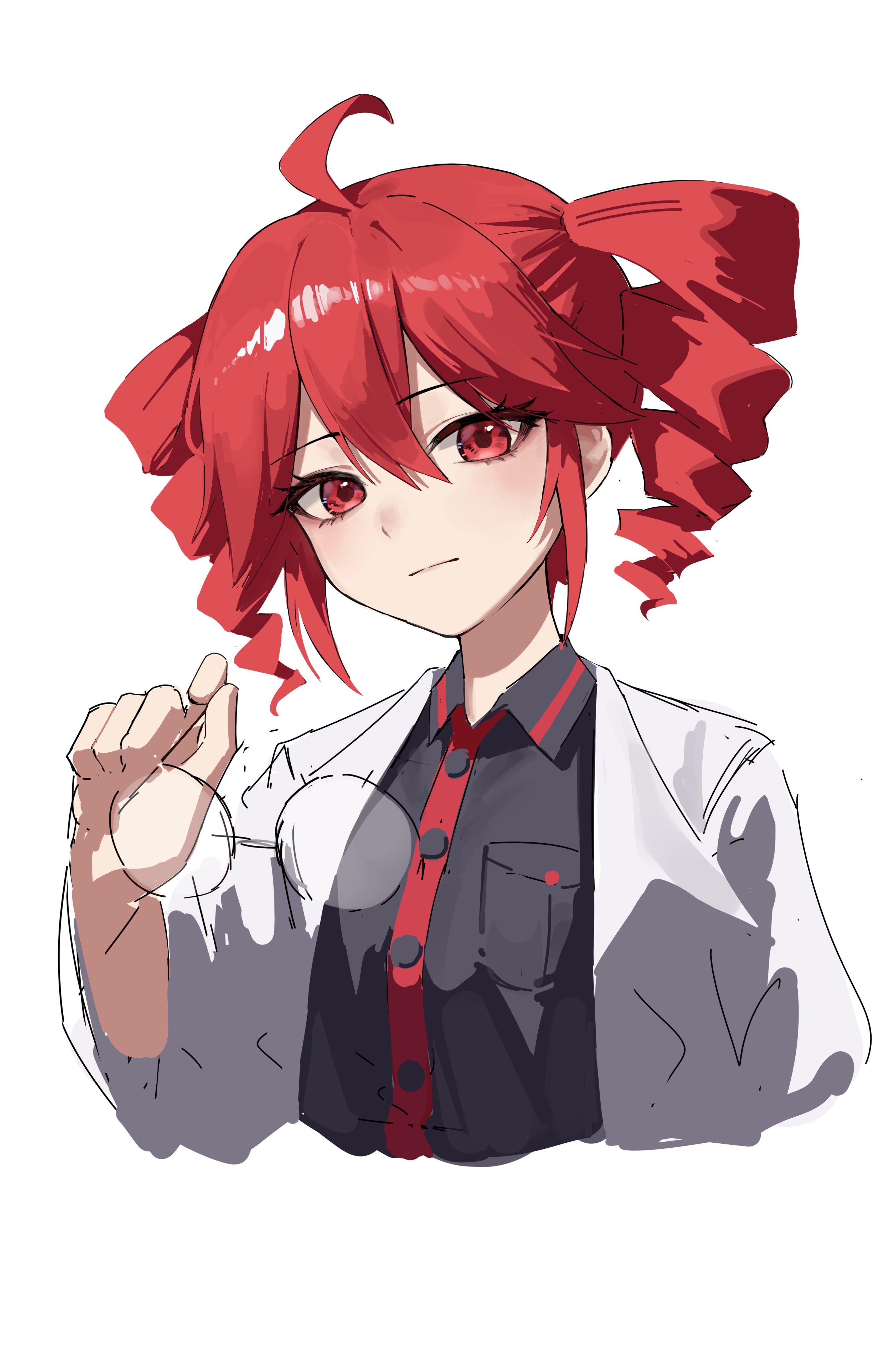 1girl absurdres ahoge black_shirt blush breast_pocket buttons closed_mouth coat cropped_torso drill_hair flat_chest hair_between_eyes highres holding holding_removed_eyewear hu2924 igaku_(utau) kasane_teto kasane_teto_(utau) open_clothes open_coat pocket red_eyes shirt solo twin_drills unworn_eyewear upper_body utau white_coat