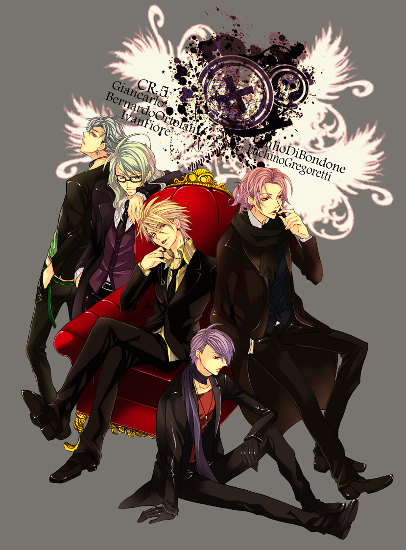5boys bernardo_ortolani blonde_hair character_request formal_clothes gian_carlo giancarlo_bourbon_del_monte giulio_di_bondone ivan_fiore luchino_gregoretti lucky_dog lucky_dog_1 male_focus multiple_boys nikokorozashi_juuji nishi_juuji purple_hair suit