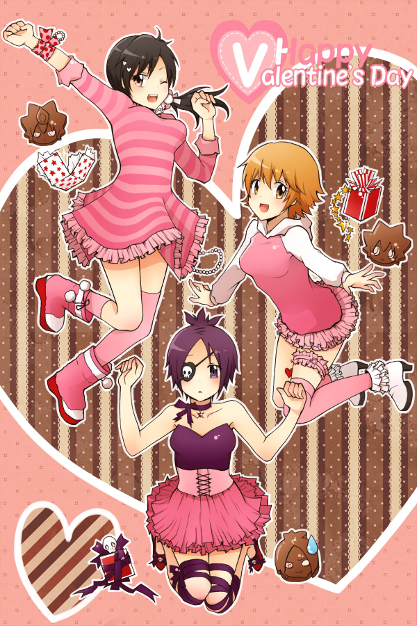 3girls black_hair blush breasts brown_eyes brown_hair chrome_dokuro dress eyepatch full_body hair_ornament happy_valentine katekyo_hitman_reborn! koaki_(ko_aki) long_hair looking_at_viewer miura_haru multiple_girls open_mouth purple_eyes purple_hair rokudou_mukuro sasagawa_kyouko sawada_tsunayoshi short_hair single_thighhigh skirt smile thighhighs valentine