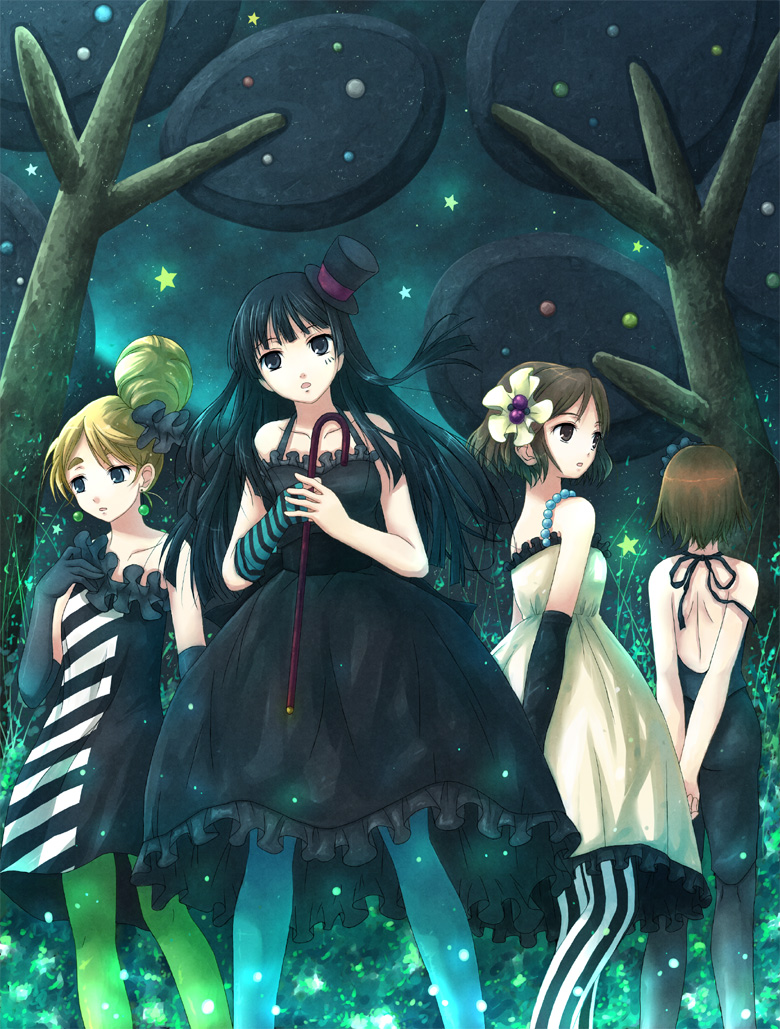 00s 4girls akiyama_mio aqua_pantyhose black_eyes black_hair black_legwear blonde_hair blue_eyes blue_legwear blunt_bangs brown_eyes brown_hair cane don&#039;t_say_&quot;lazy&quot; dress facepaint fingerless_gloves gloves green_legwear hat hime_cut hirasawa_yui ho-kago_tea_time k-on! kotobuki_tsumugi long_hair mini_hat mini_top_hat multiple_girls night pantyhose short_hair striped_clothes striped_legwear striped_pantyhose tainaka_ritsu top_hat vertical-striped_clothes vertical-striped_legwear vertical-striped_pantyhose yakka