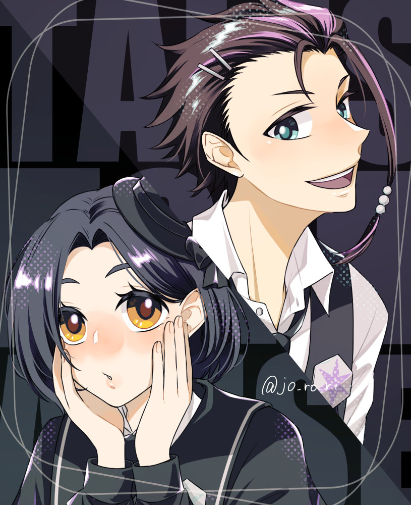 1boy 1girl aqua_eyes beads black_hair black_necktie black_sailor_collar black_serafuku black_vest brown_eyes brown_hair collared_shirt hair_beads hair_behind_ear hair_ornament hairclip hands_on_own_cheeks hands_on_own_face jo_ro_ri law_(tales) looking_at_another multicolored_hair necktie open_mouth purple_hair rinwell_(tales) sailor_collar school_uniform serafuku shirt short_hair smile snowflake_ornament streaked_hair tales_of_(series) tales_of_arise twitter_username vest waistcoat white_shirt