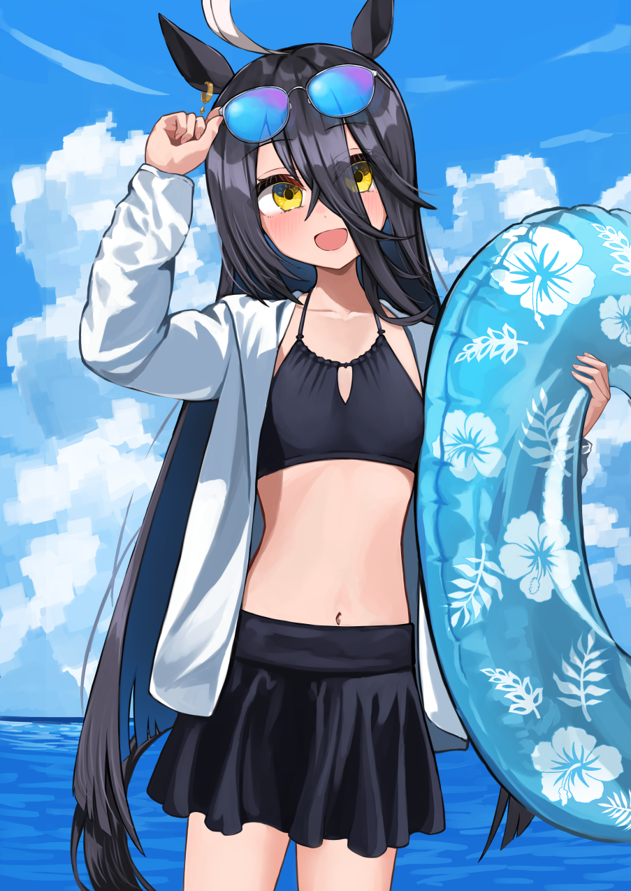 1girl adjusting_eyewear ahoge arm_up bikini bikini_skirt black_bikini black_hair breasts cloud crossed_bangs day eyewear_on_head grey_jacket hair_between_eyes hand_on_eyewear highres innertube jacket kuronosu_(yamada1230) long_bangs long_hair long_hair_between_eyes long_sleeves manhattan_cafe_(umamusume) multicolored_hair navel open_clothes open_jacket outdoors small_breasts solo swim_ring swimsuit umamusume very_long_hair white_hair yellow_eyes
