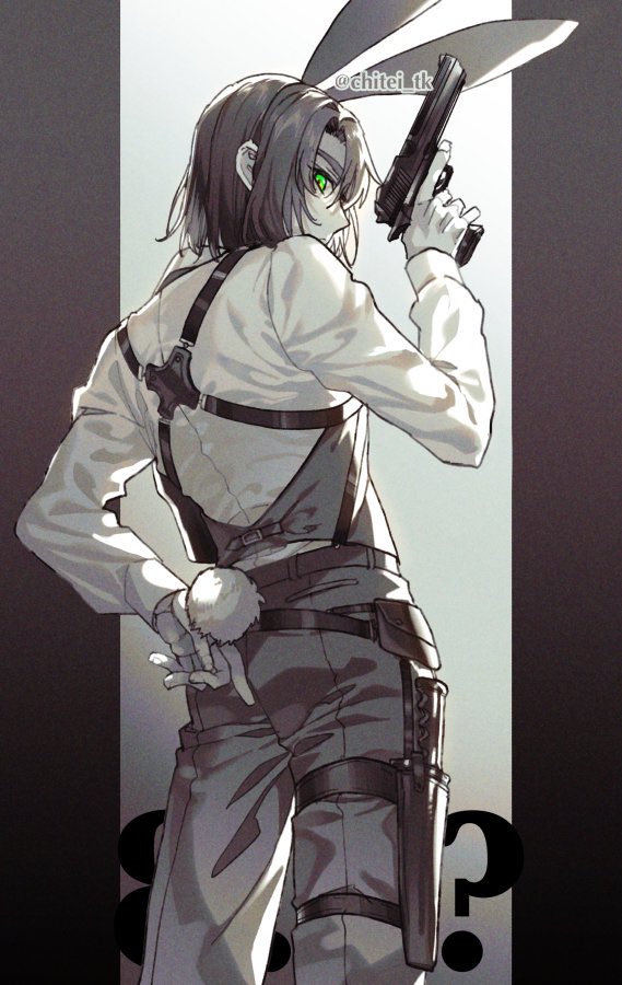 1boy ? animal_ears athrun_zala back blue_eyes cropped_legs fake_animal_ears fake_tail from_behind gun gundam gundam_seed gundam_seed_destiny gundam_seed_freedom handgun holding holding_gun holding_weapon long_sleeves looking_at_viewer looking_back male_playboy_bunny muted_color pants pouch rabbit_ears rabbit_tail shirt solo suspenders tail tenkuu_sphere thigh_pouch thigh_strap vest weapon