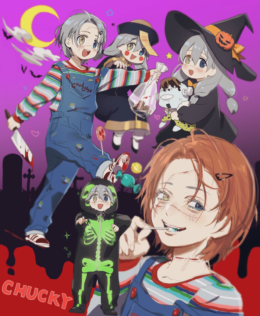 aged_down bag bat_(animal) blood bloody_knife blue_eyes blue_hair candy character_name child&#039;s_play chinese_clothes chucky cloud commentary cookie crescent crescent_moon food graveyard hair_ornament hairclip halloween halloween_costume hat hat_ribbon heart heterochromia highres holding holding_bag holding_candy holding_food holding_knife holding_lollipop jack-o&#039;-lantern jiangshi_costume jogo_(jujutsu_kaisen) jujutsu_kaisen knife lollipop long_hair mahito_(jujutsu_kaisen) male_focus moon multiple_persona nonockha ofuda ofuda_on_head onesie orange_hair overalls purple_background purple_sky qingdai_guanmao ribbon short_hair skeleton_costume sky star_(symbol) stitched_arm stitched_face stitched_neck stitches striped_clothes striped_sweater sweater symbol-only_commentary talisman witch witch_hat yellow_eyes