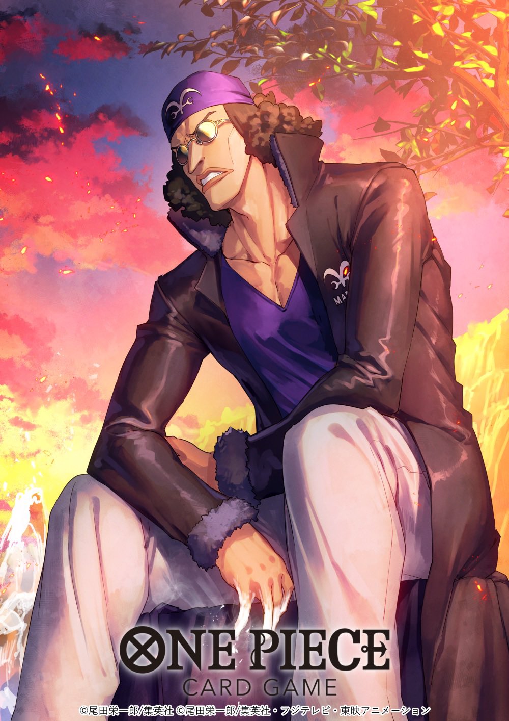 1boy aokiji_(one_piece) black_coat blue_shirt coat commentary_request copyright_name curly_eyebrows dai-xt fur-trimmed_coat fur_trim hat highres ice male_focus official_art one_piece one_piece_card_game pants parted_lips purple_hat shirt short_hair sitting solo sunglasses sunset white_pants