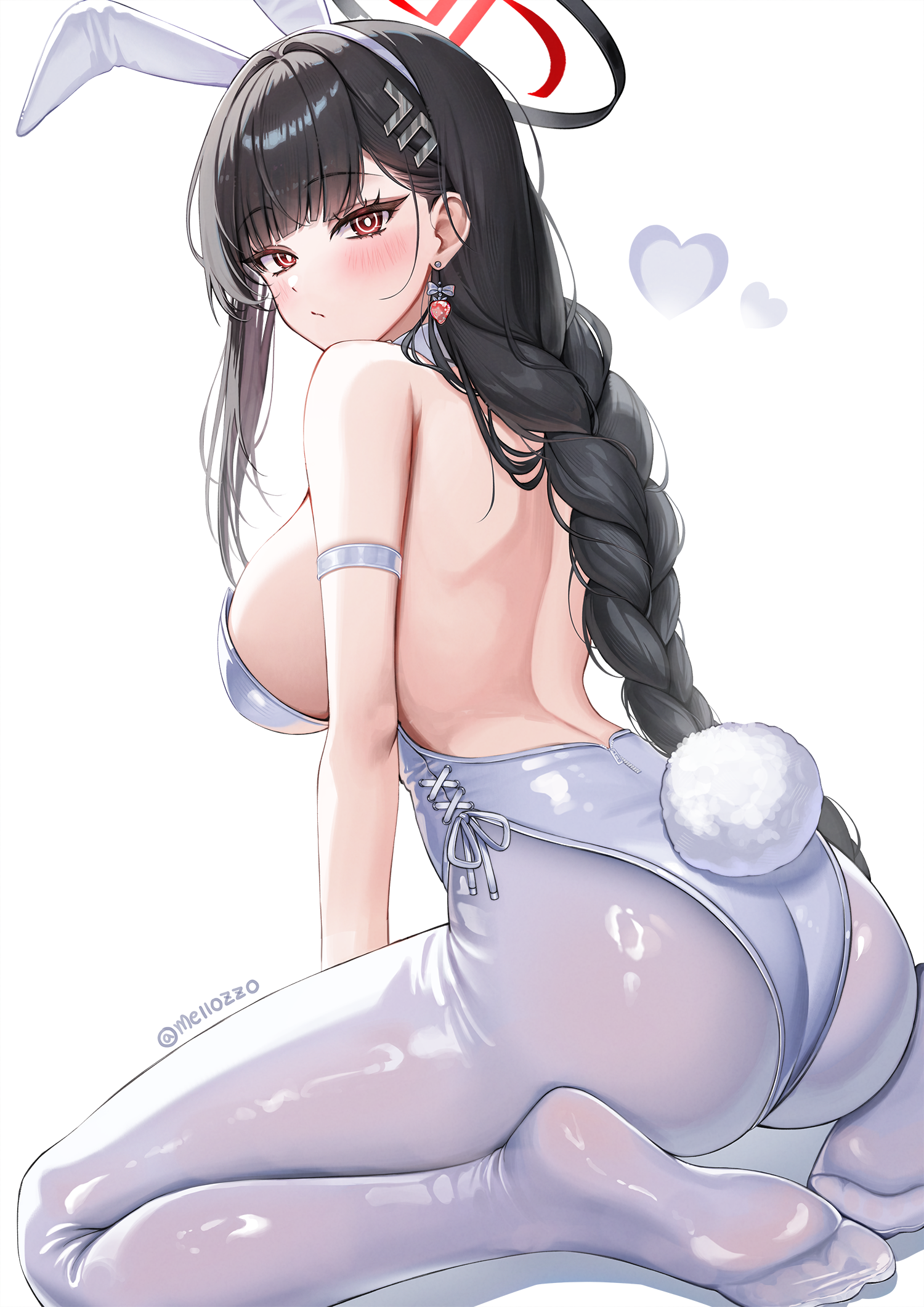 1girl alternate_costume alternate_hairstyle animal_ears ass ass_focus black_hair blue_archive breasts detached_collar fake_animal_ears halo id_card large_breasts leotard long_hair looking_at_viewer mellozzo navel playboy_bunny rio_(blue_archive) simple_background sitting solo white_background
