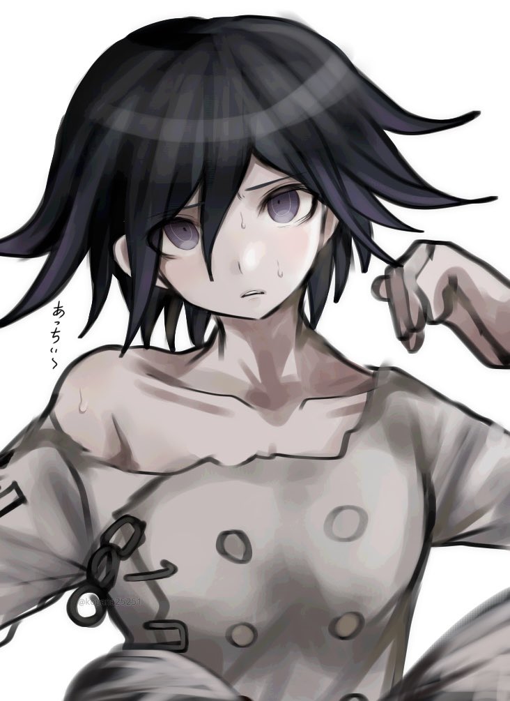 1boy collarbone danganronpa_(series) danganronpa_v3:_killing_harmony grey_jacket ikemen&#039;na_ore-shi jacket long_sleeves medium_hair multicolored_hair no_neckwear oma_kokichi pink_eyes simple_background single_bare_shoulder solo sweat teeth translation_request two-tone_hair white_background