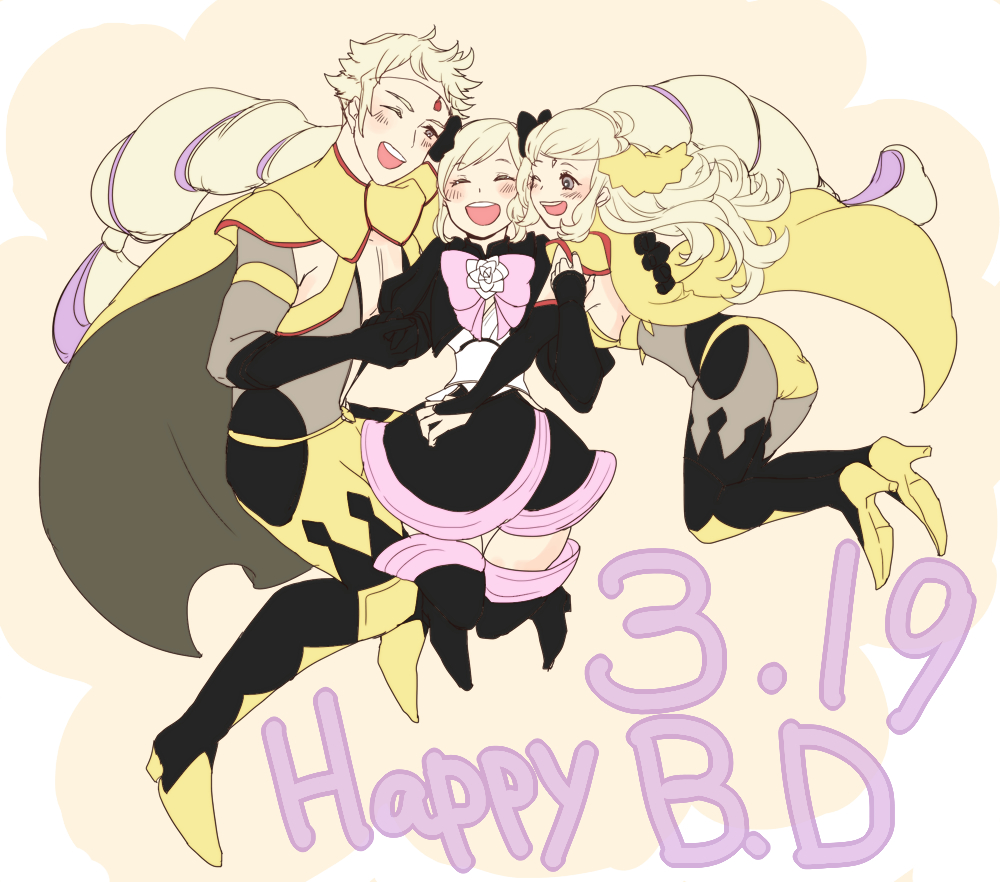 1boy 2girls blonde_hair bodystocking circlet dated drill_hair elise_(fire_emblem) family fire_emblem fire_emblem_fates gold_cape grey_eyes happy_birthday hip_armor multiple_girls nintendo odin_(fire_emblem) ophelia_(fire_emblem) osamu23 panties purple_hair toeless_footwear twin_drills twintails underwear yellow_panties